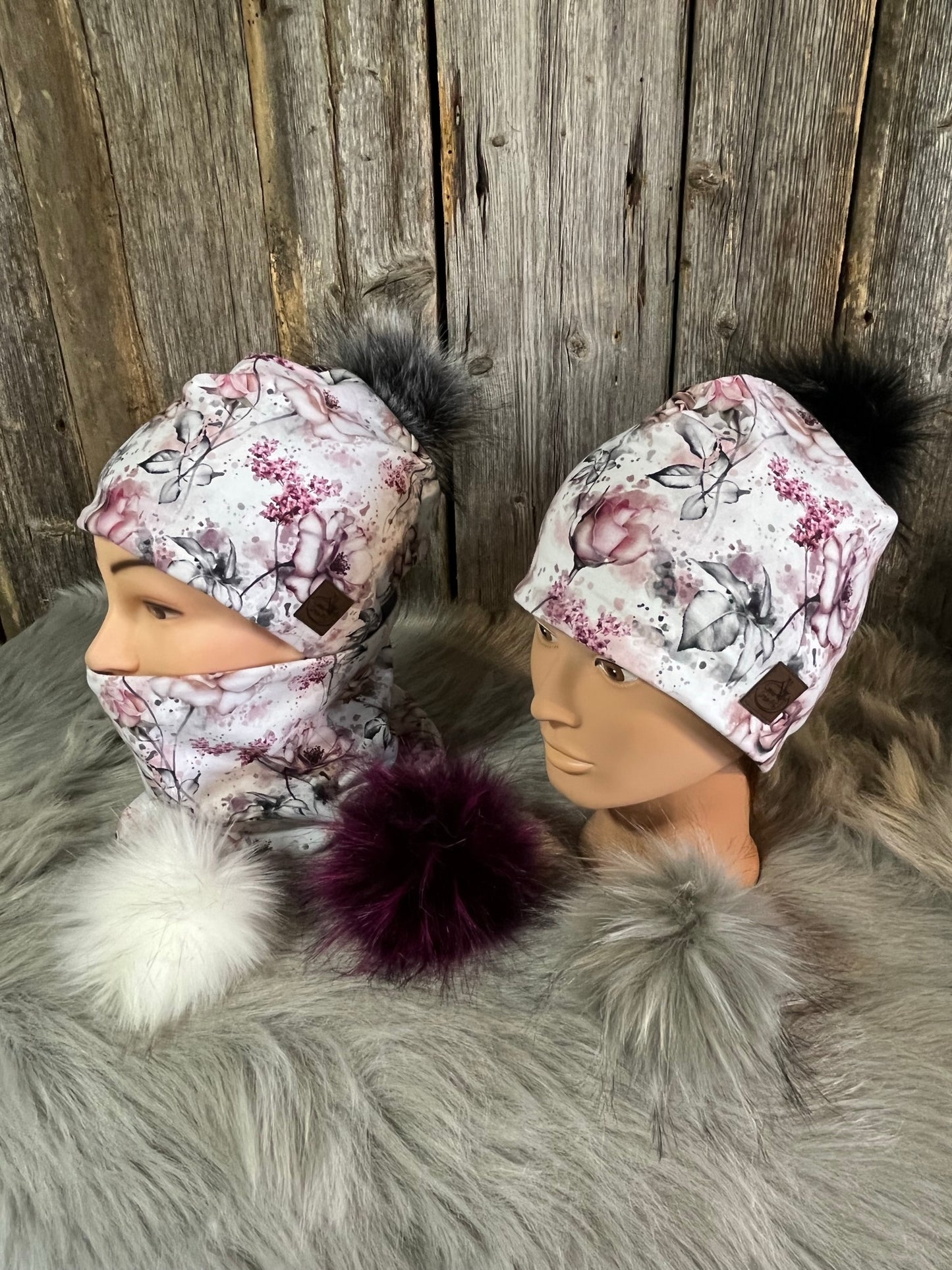 TUQUE et CACHE-COU blanc, gris, prune FLEUR