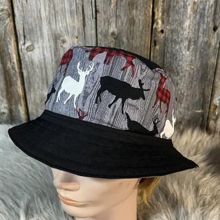 Chapeau Bob noir et gris/ANIMAUX   Réversible  2 en 1