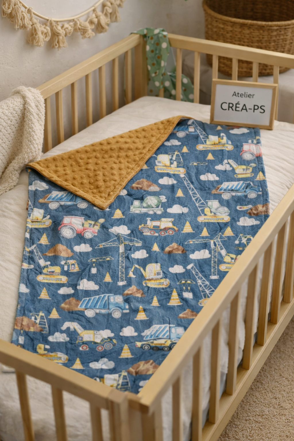 Couverture doudou en Minky doublée - Motif machinerie