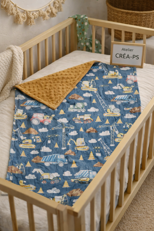 Couverture doudou en Minky doublée - Motif machinerie