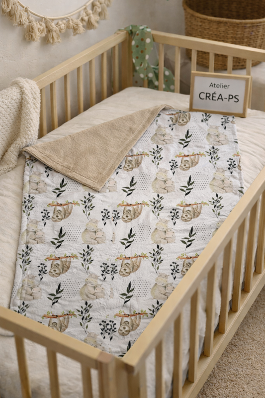 Couverture doudou en Minky doublée - Motif hippopotame,paresseux