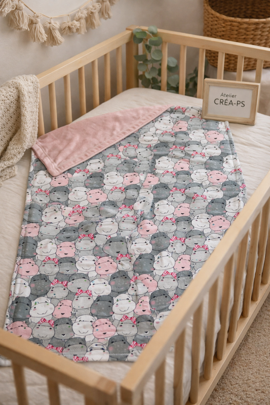Couverture doudou en Minky doublée - Motif hippopotame