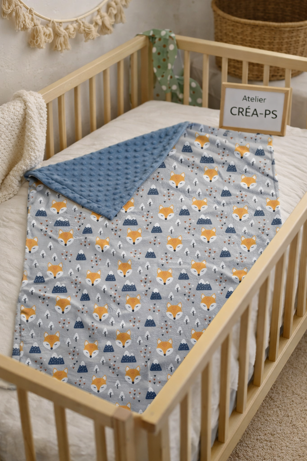 Couverture doudou en Minky doublée - Motif Loup
