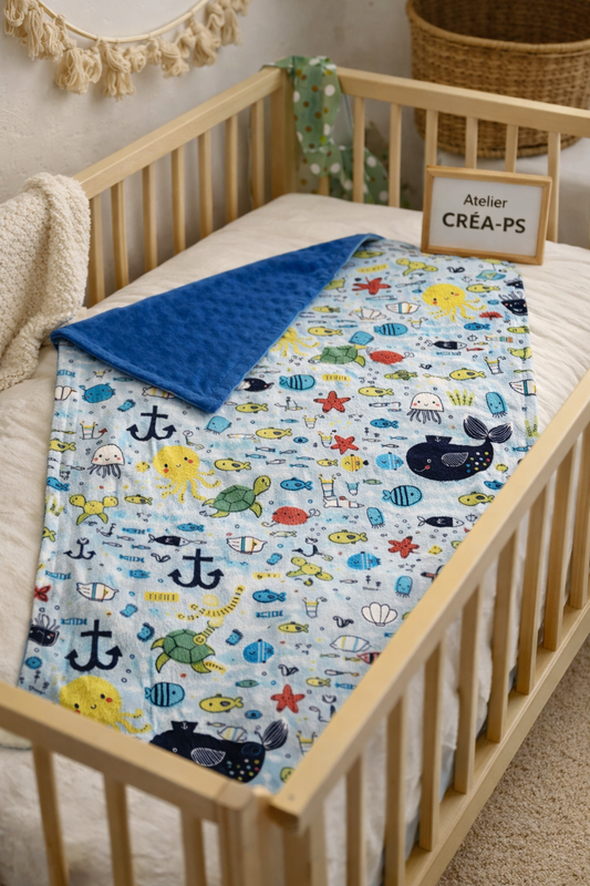 Couverture doudou en Minky doublée - Motif poisson